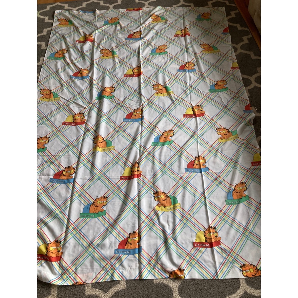 Vintage Garfield Cat Twin Flat Sheet Marlborough Rainbow Plaid Stripe USA Read